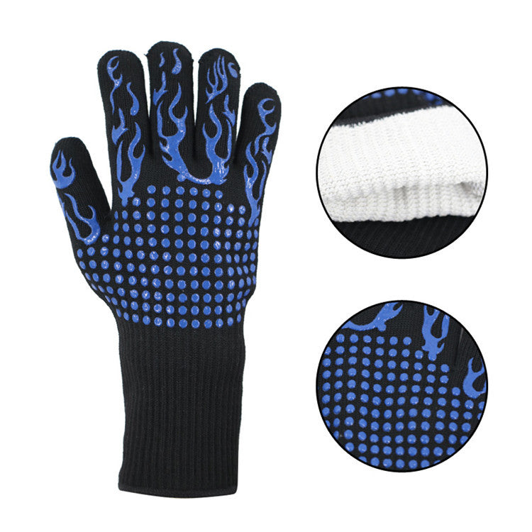 Blue Flame Pattern Extreme Heat Resistant BBQ Gloves - 500°C Flame Design Oven Gloves with Non-Slip Silicone Grip