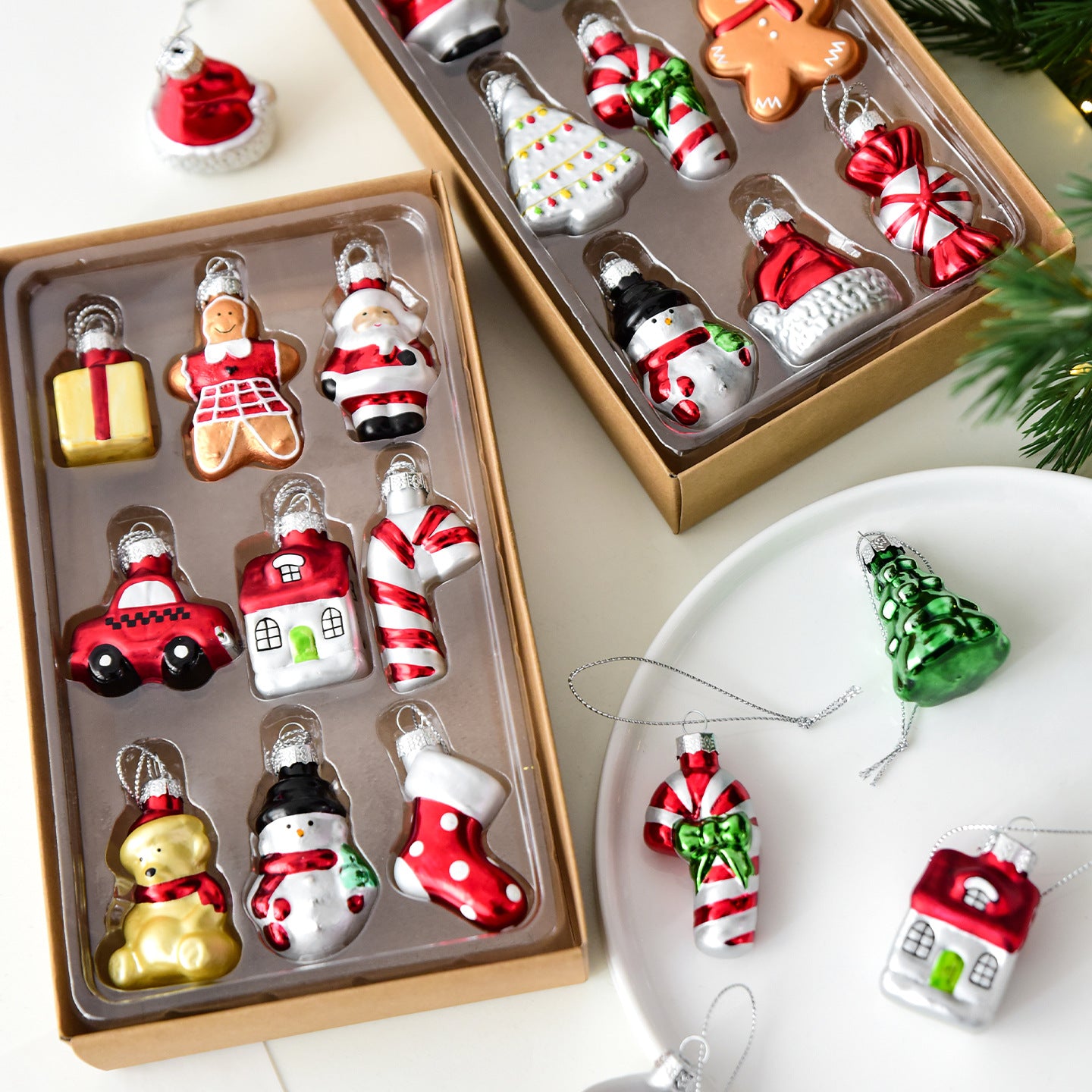 Style B Colorful Whimsical Miniature Glass Christmas Ornament Set - 9pc Retro Holiday Collection 7