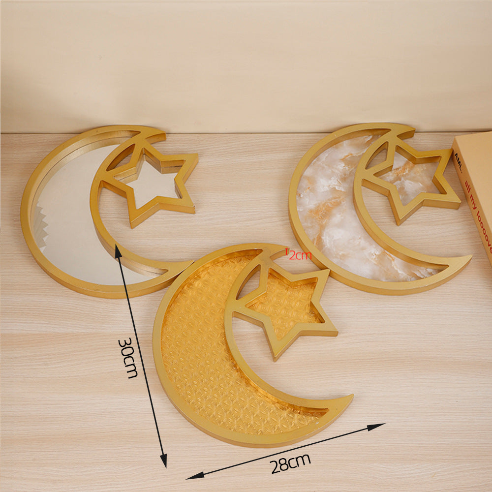 2 Pcs Gold Marble Effect Elegant Celestial Moon & Star Serving Tray - Gold Finish Decorative Platter for Home & Holidays