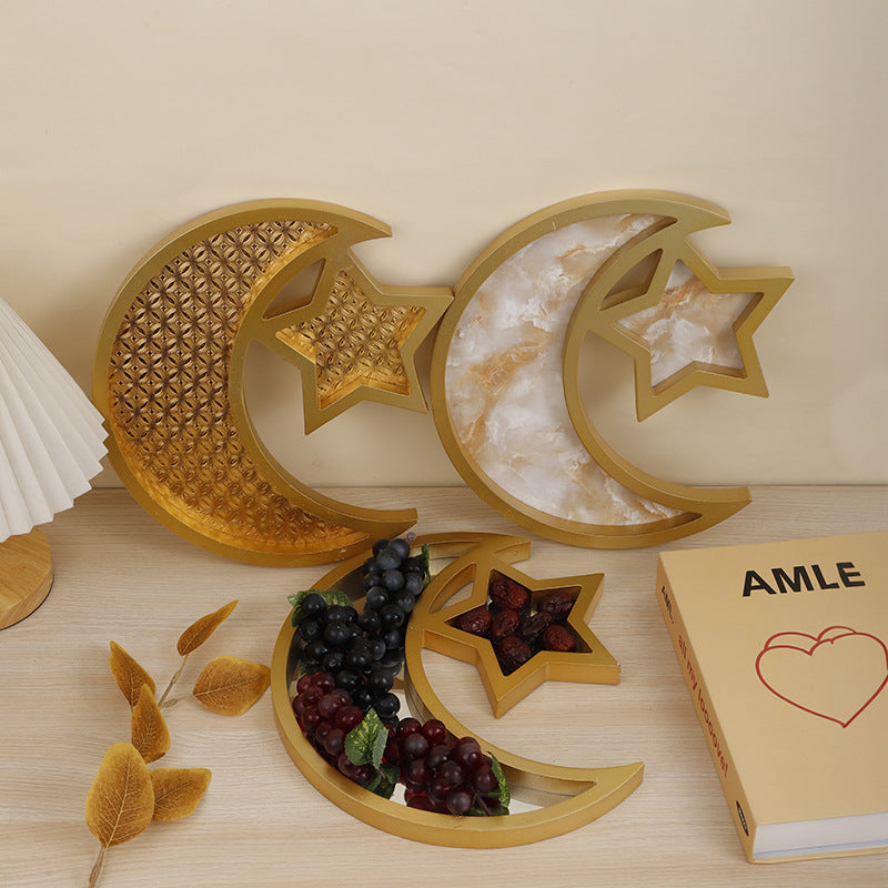 2 Pcs Gold Marble Effect Elegant Celestial Moon & Star Serving Tray - Gold Finish Decorative Platter for Home & Holidays 3
