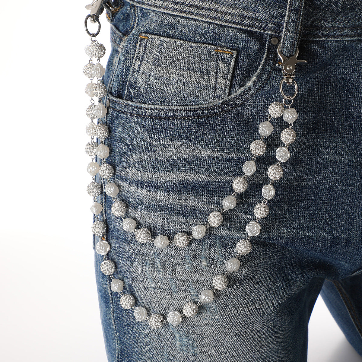 Silver and White Bling Rhinestone Beaded Wallet Chain - Double Layer Hip Hop Trouser Chain Jean Accessory(72g）