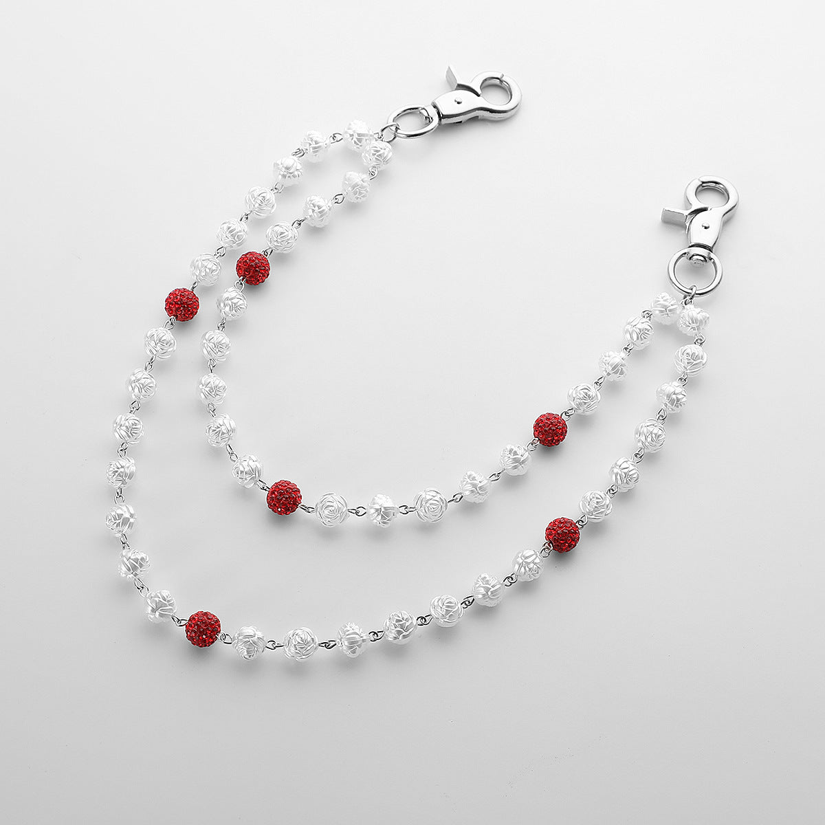 Red and White Bling Rhinestone Beaded Wallet Chain - Double Layer Hip Hop Trouser Chain Jean Accessory(45g） 4