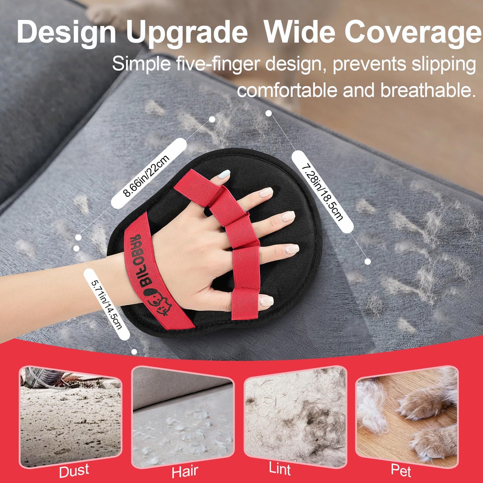 2-Pack Red and Black Pet Hair Remover Glove - Reusable Double-Sided Deshedding Glove for Dog & Cat Grooming, Sofa, Carpet & Clothes Cleaning 3