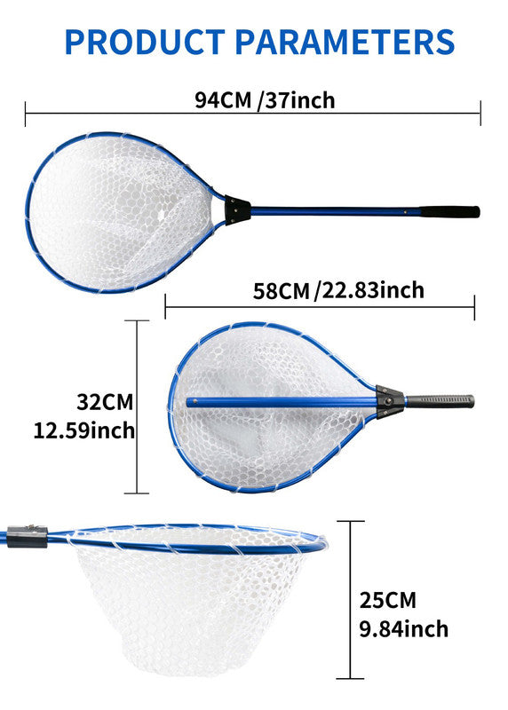 Blue High Strength Large Landing Net - Fishing Net with Long Foldable Handle and Soft Rubber Netting, Dip Net for Fishing, Ideal for Boat, Pier, River Angling 3