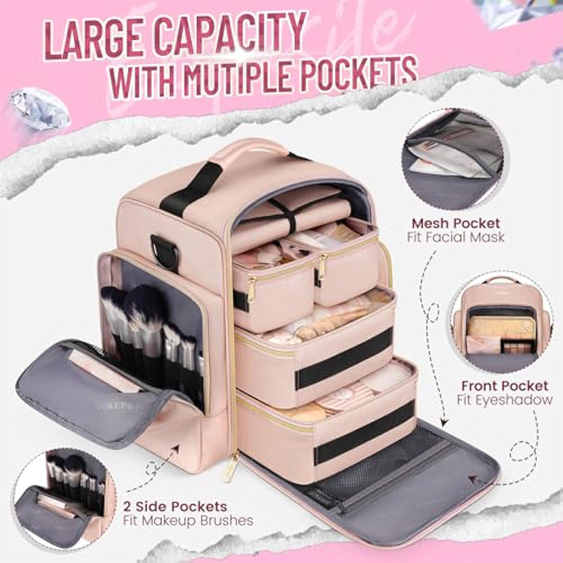 Large Capacity Travel Makeup Backpack with 5 Removable Organizer Cases & Jewelry Roll(pink) 3