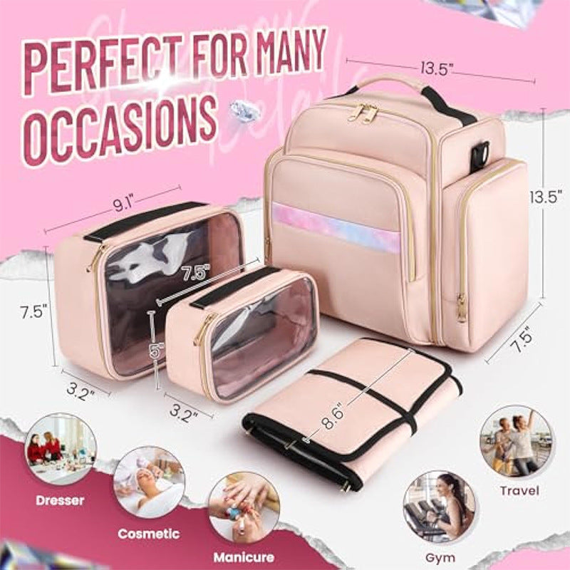 Large Capacity Travel Makeup Backpack with 5 Removable Organizer Cases & Jewelry Roll(pink) 4