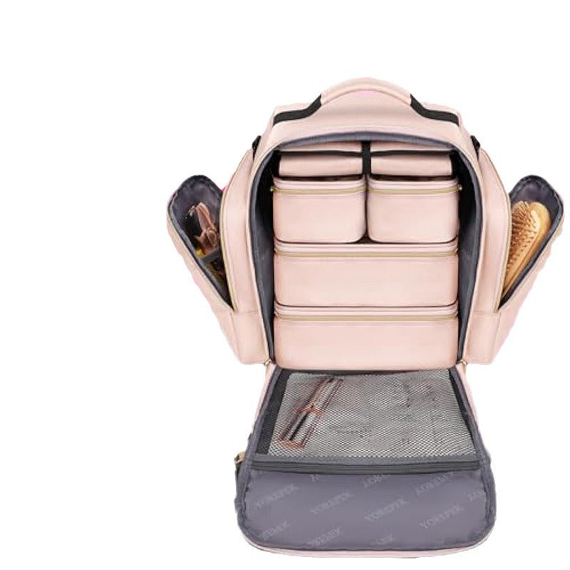 Large Capacity Travel Makeup Backpack with 5 Removable Organizer Cases & Jewelry Roll(pink) 5