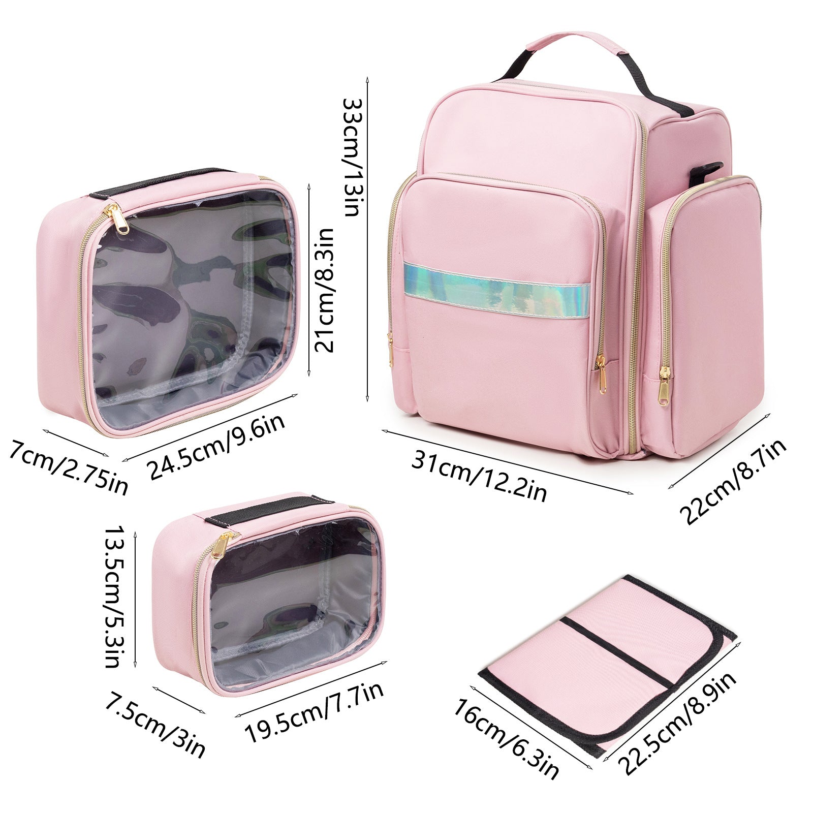Large Capacity Travel Makeup Backpack with 5 Removable Organizer Cases & Jewelry Roll(pink) 6