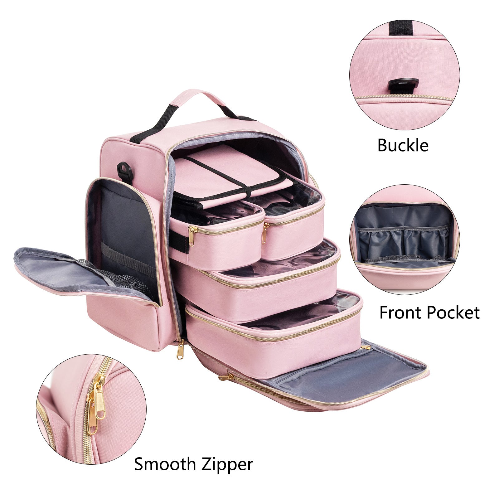 Large Capacity Travel Makeup Backpack with 5 Removable Organizer Cases & Jewelry Roll(pink) 7