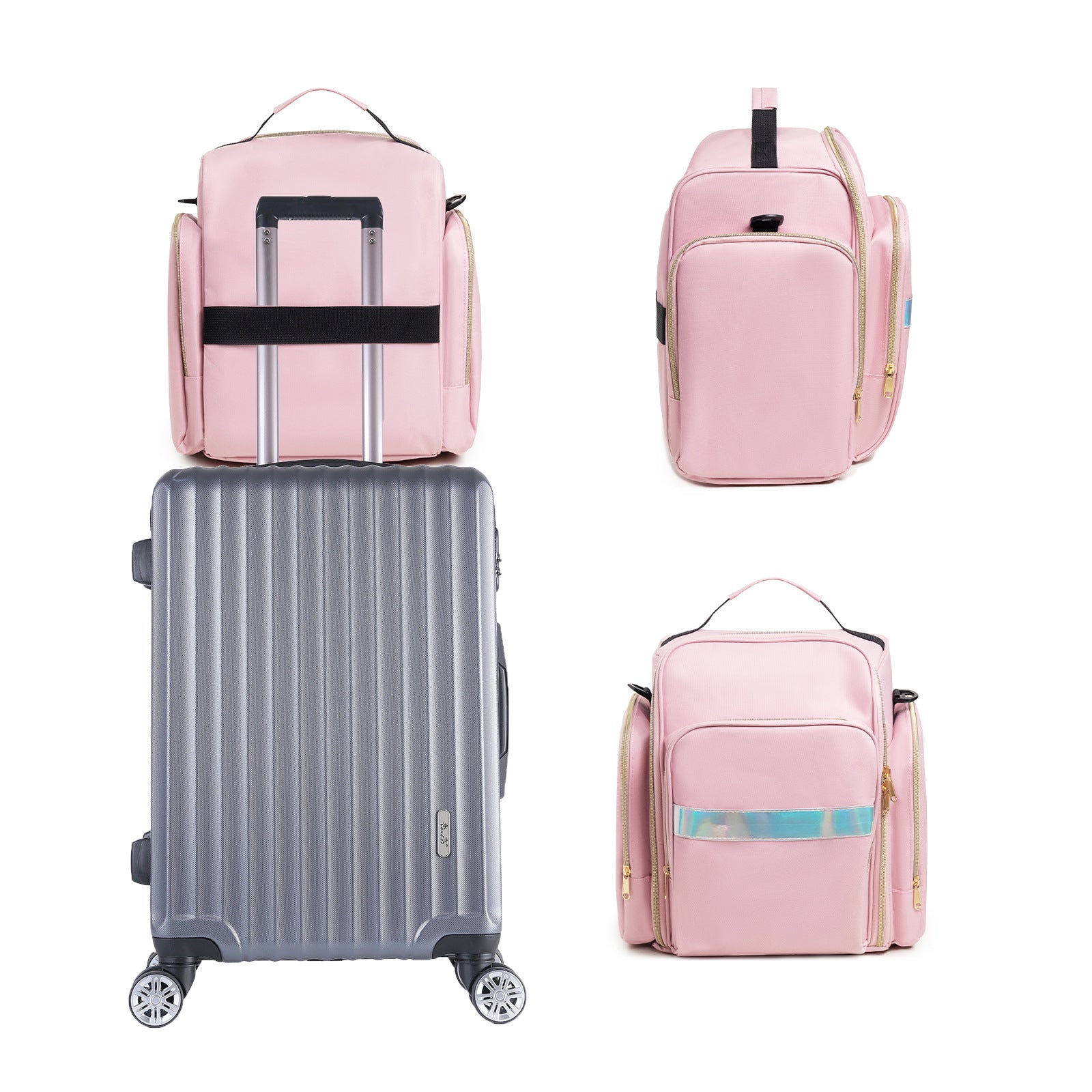 Large Capacity Travel Makeup Backpack with 5 Removable Organizer Cases & Jewelry Roll(pink) 9