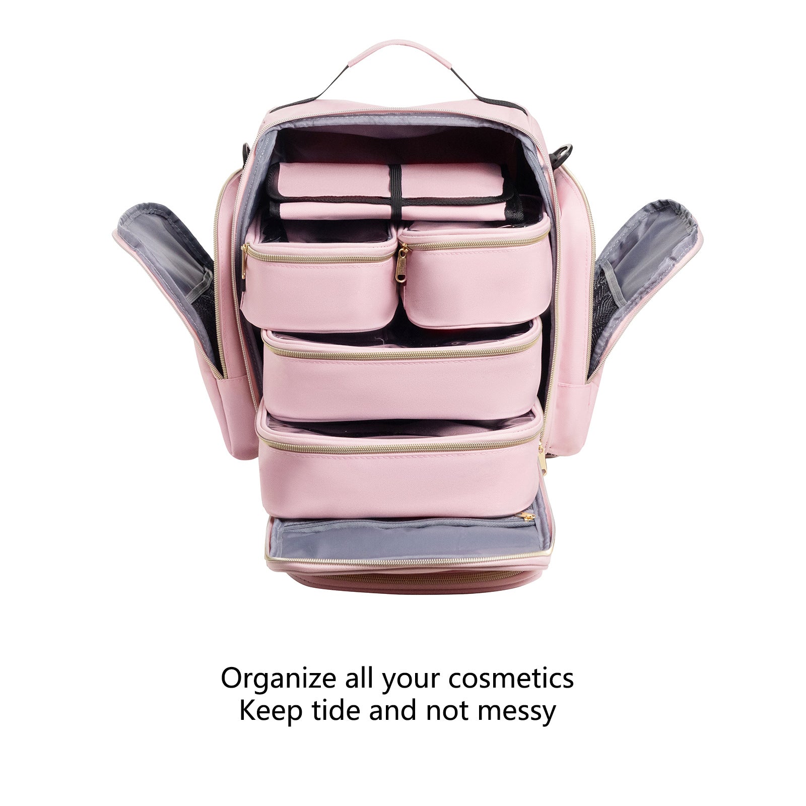 Large Capacity Travel Makeup Backpack with 5 Removable Organizer Cases & Jewelry Roll(pink) 10