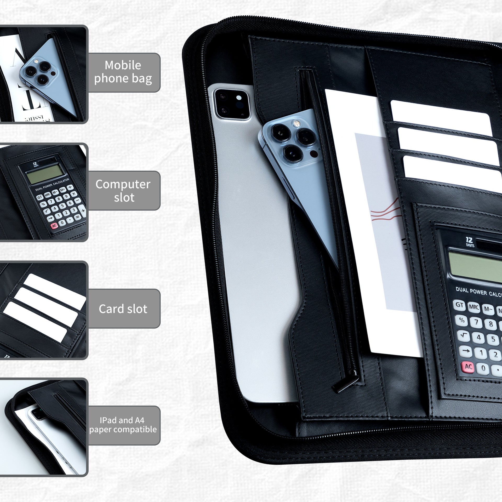 Professional PU Leather A4 Portfolio Binder with Zipper, Handle, Calculator & Clipboard(black) 3