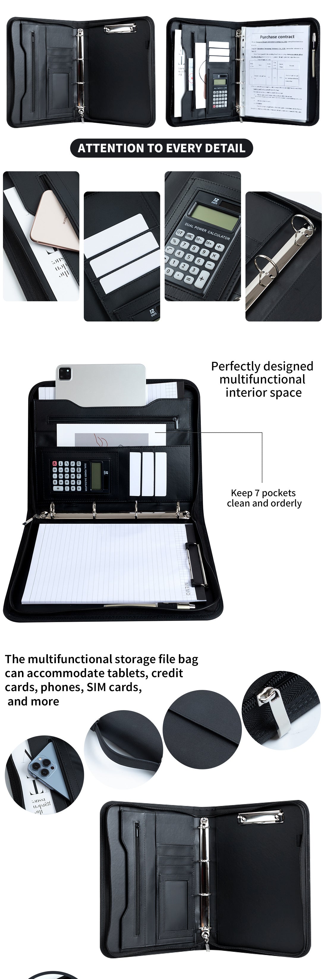 Professional PU Leather A4 Portfolio Binder with Zipper, Handle, Calculator & Clipboard(brown) 5