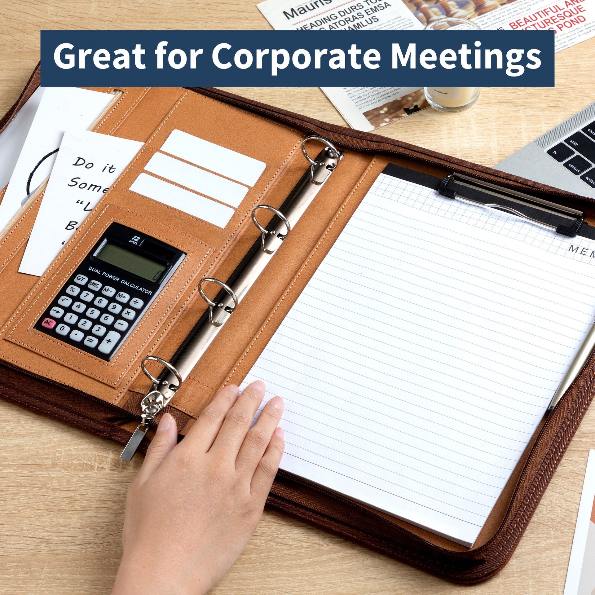 Professional PU Leather A4 Portfolio Binder with Zipper, Handle, Calculator & Clipboard(grey)