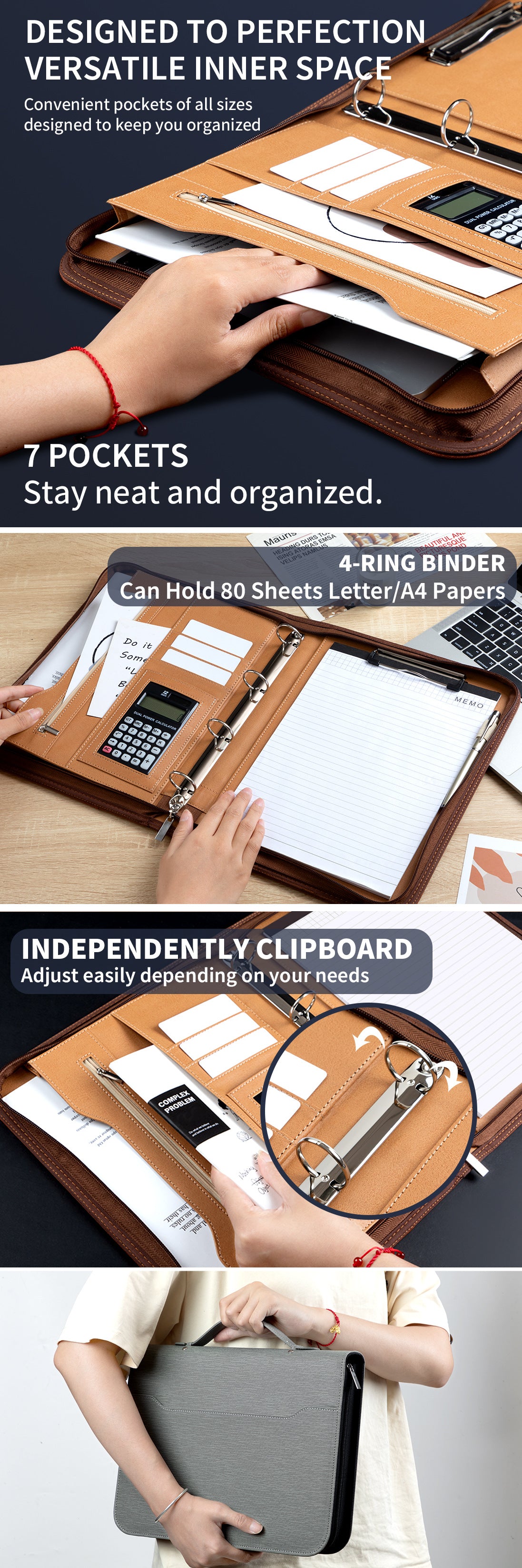 Professional PU Leather A4 Portfolio Binder with Zipper, Handle, Calculator & Clipboard(grey) 7