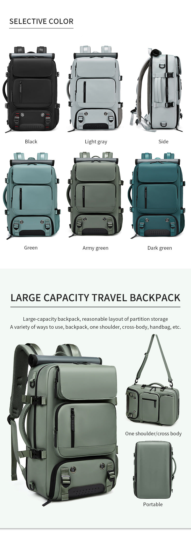 4-in-1 Convertible Travel Backpack & Briefcase - Large Capacity, 16" Laptop Compartment, USB Port(Green)