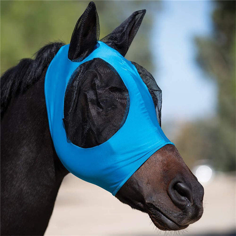 Blue 2-PCS Breathable Horse Fly Mask Set - Equestrian Fly Veils with Ears for Insect Control and Comfort