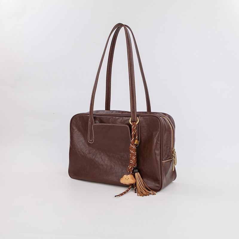 Large Size Coffee Brown Vintage Genuine Split Leather Bowling Bag for Women - Retro Top Handle Satchel & Crossbody Purse