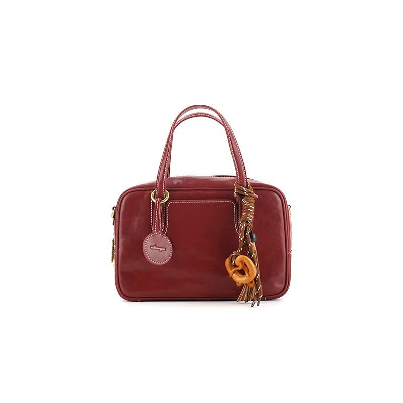 Small Size Red Vintage Genuine Split Leather Bowling Bag for Women - Retro Top Handle Satchel & Crossbody Purse