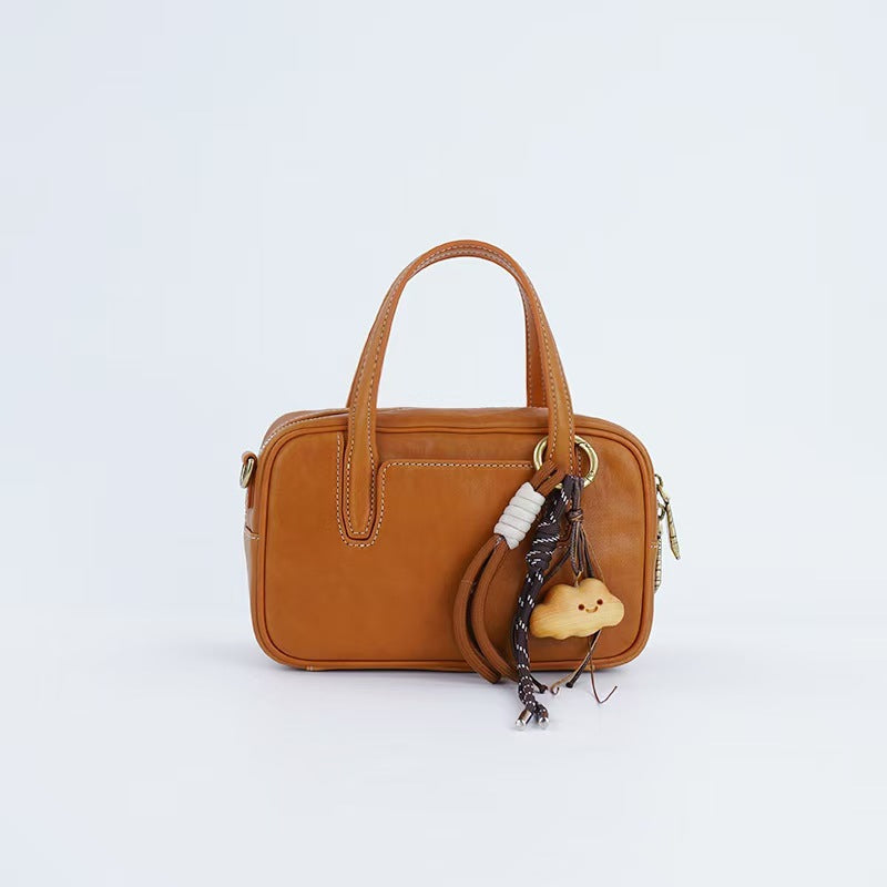 Mini Size Brown Vintage Genuine Split Leather Bowling Bag for Women - Retro Top Handle Satchel & Crossbody Purse