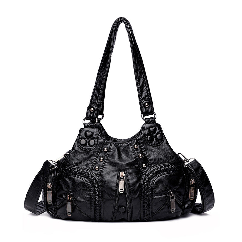 Black Women's Vintage Studded Hobo Bag - Soft Washed Leather Multi-Pocket Shoulder & Crossbody Purse
