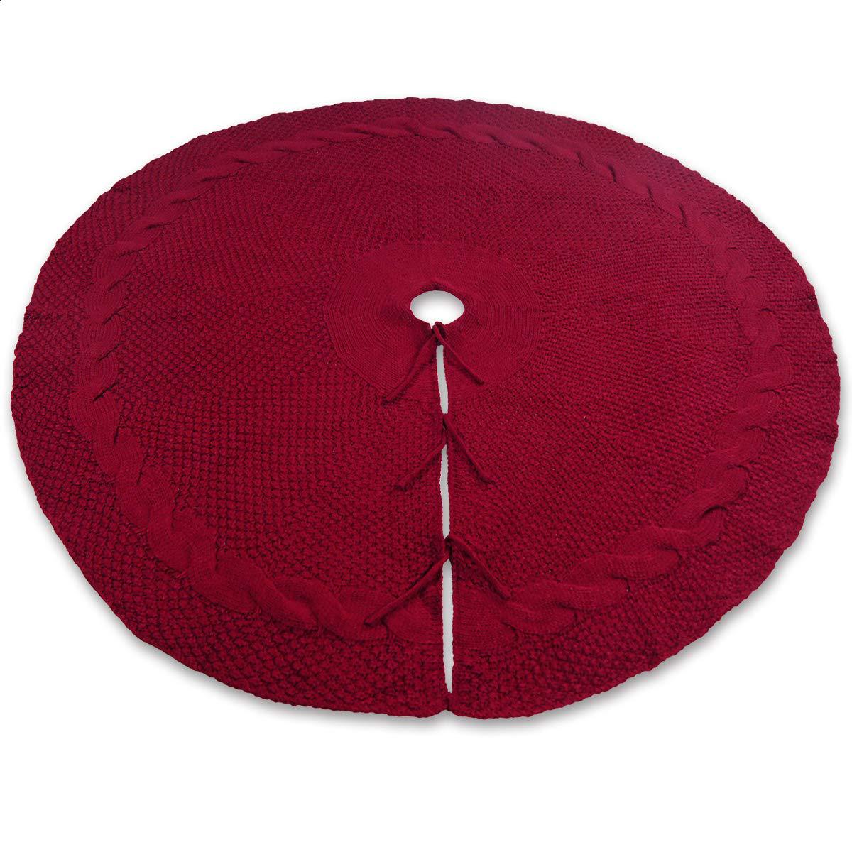 Festive Knit Christmas Tree Skirt - Acrylic Red Tree Mat with Pom-Poms 122cm 3