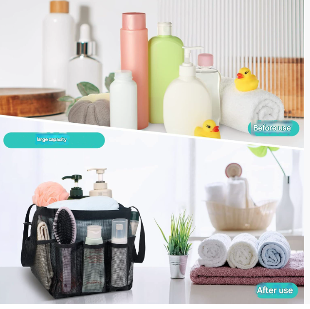 Pink Large Multi-Pocket Mesh Beach Tote Bag - Quick-Dry Travel & Gym Organizer with Drawstring Closure