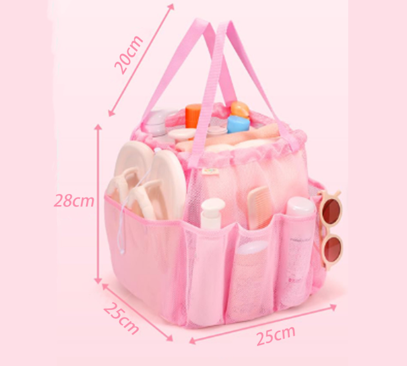 Pink Large Multi-Pocket Mesh Beach Tote Bag - Quick-Dry Travel & Gym Organizer with Drawstring Closure 3