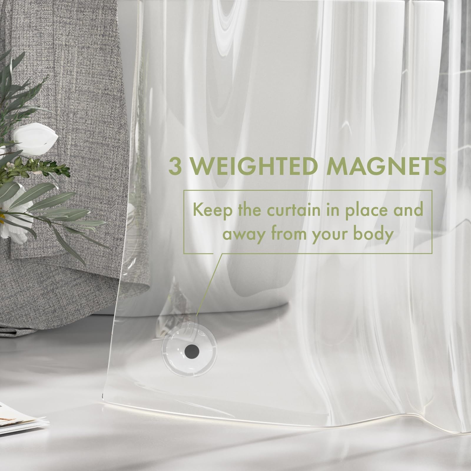 Heavy-Duty Clear PEVA Shower Curtain Liner with 3 Magnets - Waterproof & Easy-Clean Bathroom Liner with Hooks 3