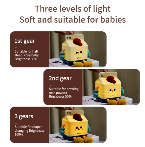Adorable Milk Carton LED Night Light - USB Rechargeable Silicone Lamp with Tap Control, Timer & 3 Brightness Levels 4