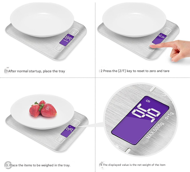 Silver Ultra-Slim Rechargeable Digital Kitchen Scale - Stainless Steel Food & Baking Scale with LCD Display (5kg/1g) 3