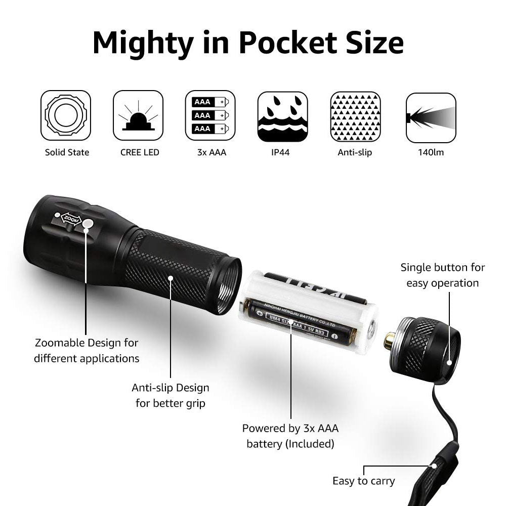 Compact Tactical LED Flashlight - Super Bright 160LM with Adjustable Zoom & Anti-Slip Grip 3