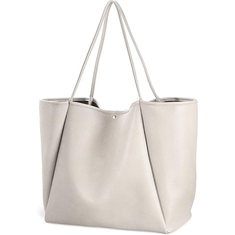 Beige Classic Oversized Tote Bag - Soft Faux Leather Shoulder Purse for Work, Travel & Everyday Use