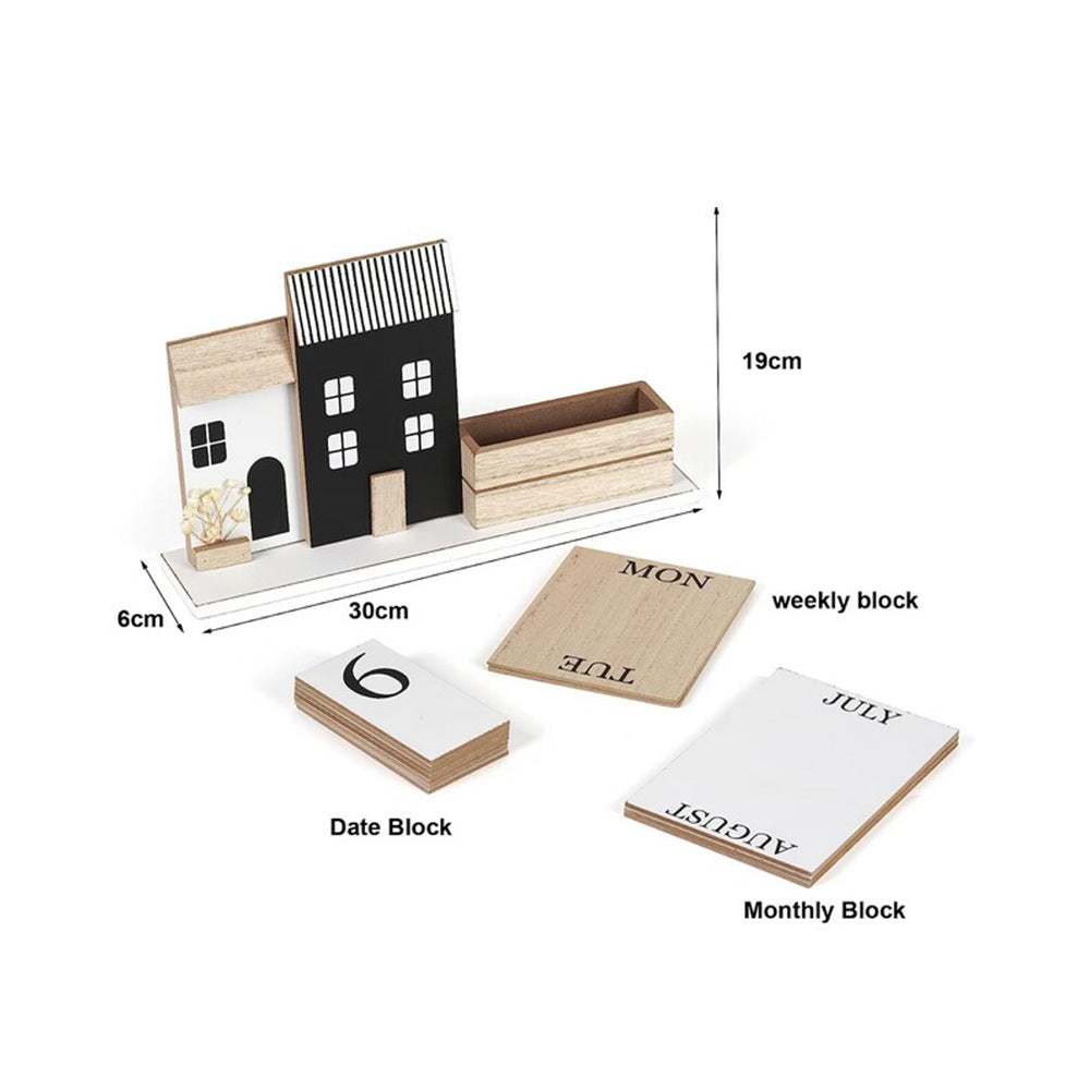 European Vintage House Perpetual Calendar - Wooden Home Decor Office Desk Calendar & Festive Gift