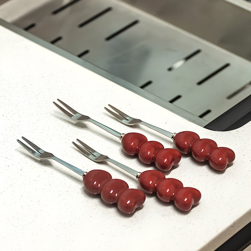 Red Cute Dessert & Fruit Forks with Ceramic Storage Jar - High-Value Creative Tableware Set 3