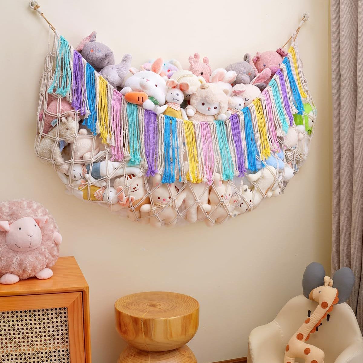Multicolor Hand-Woven Cotton Rope Plush Toy Hammock - Wall Organizer with Tassels, Decorative Toy Net (150 x 40cm)