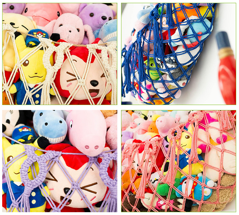 White Hand-Woven Cotton Rope Plush Toy Hammock - Wall Organizer with Tassels, Decorative Toy Net (150 x 40cm) 3