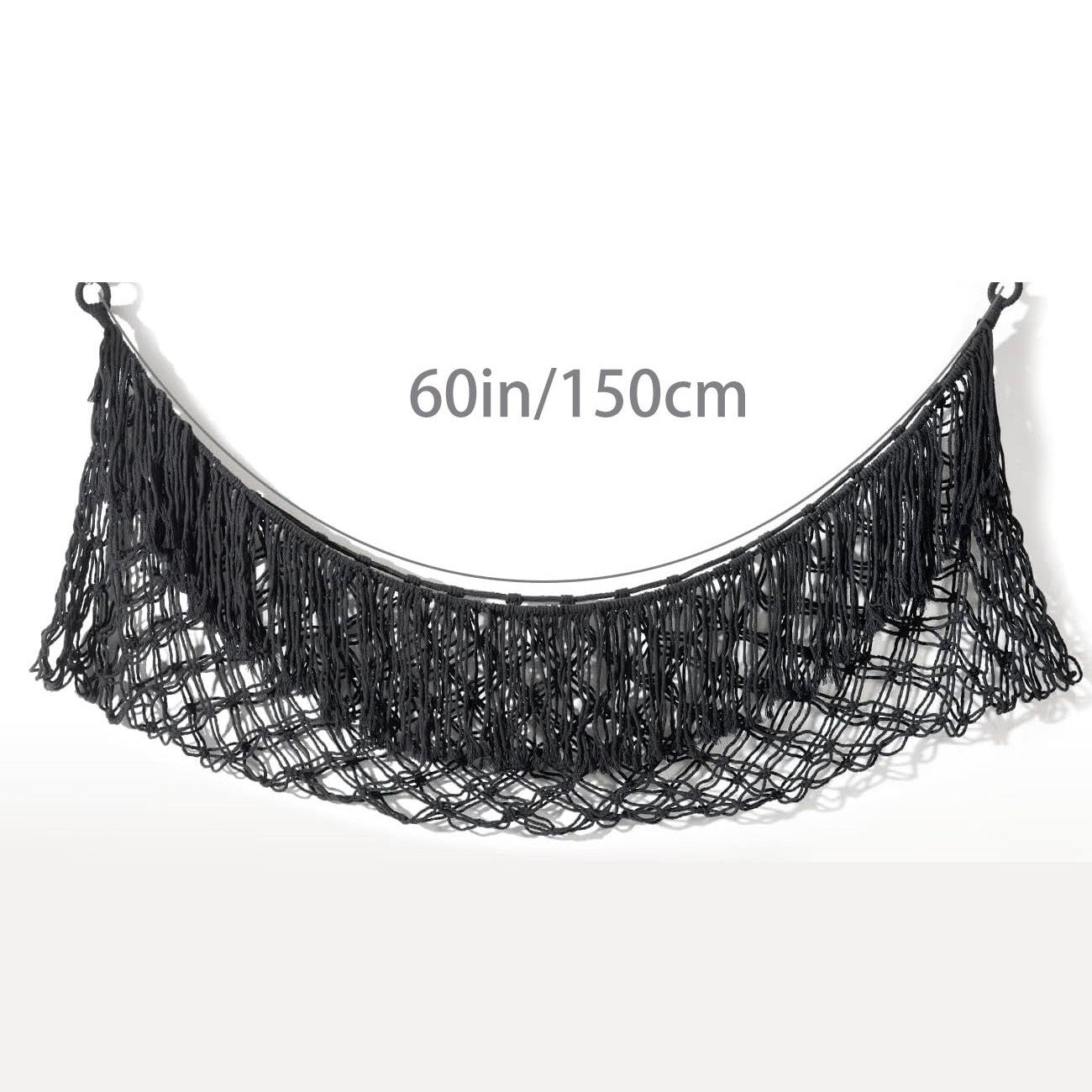 Black Hand-Woven Cotton Rope Plush Toy Hammock - Wall Organizer with Tassels, Decorative Toy Net (150 x 40cm)