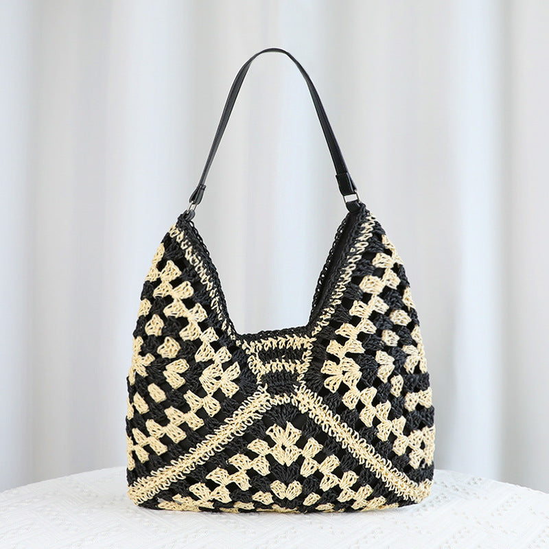 Black Stylish Woven Shoulder Bag - Fashionable Versatile Handbag & Crossbody Straw Beach Tote (39x27x39 cm)