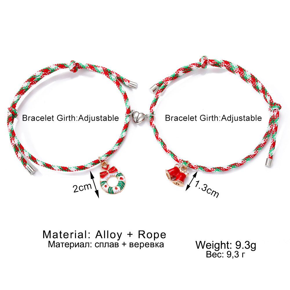 3 Pairs Cute Couple Bracelets - Magnetic Christmas & New Year Friendship Rope Bracelets with Charms (Adjustable, 9.3g)