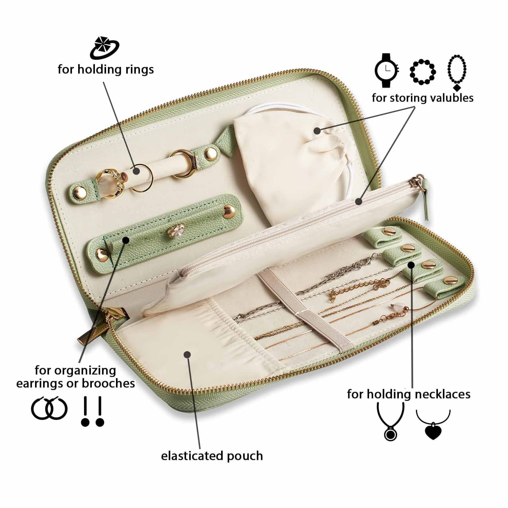 Green Portable Travel Jewelry Organizer - Anti-Tangle Storage for Necklaces, Earrings, Rings & Bracelets (24.9x11.4 cm)