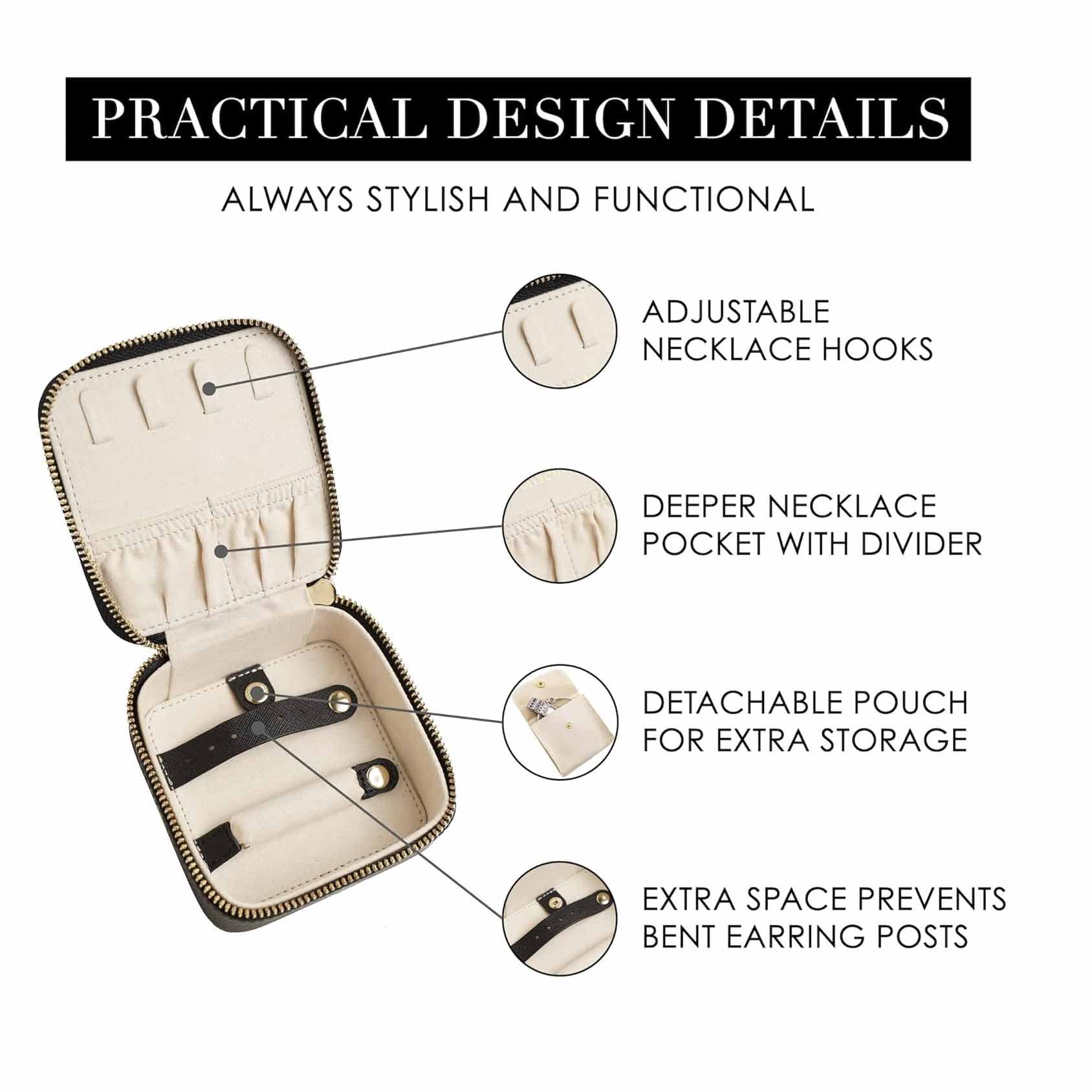 Black "Small But Mighty" Leather Jewelry Box - Portable Organizer for Earrings, Necklaces, Rings & More (4x4x2 inches) 3