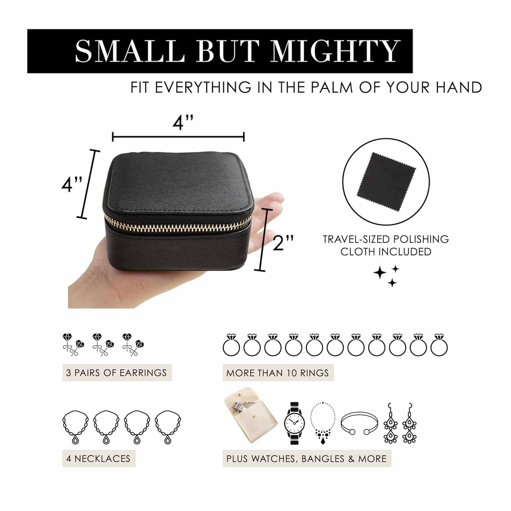 Black "Small But Mighty" Leather Jewelry Box - Portable Organizer for Earrings, Necklaces, Rings & More (4x4x2 inches) 4