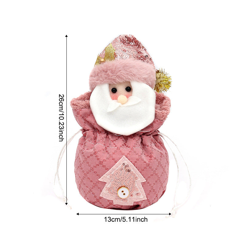 3 Pack Pink Christmas Drawstring Gift Bags Plush 3D Santa Snowman Reindeer Candy Pouches for Holiday Favours 3