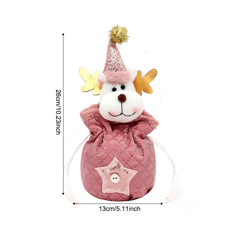3 Pack Pink Christmas Drawstring Gift Bags Plush 3D Santa Snowman Reindeer Candy Pouches for Holiday Favours 5