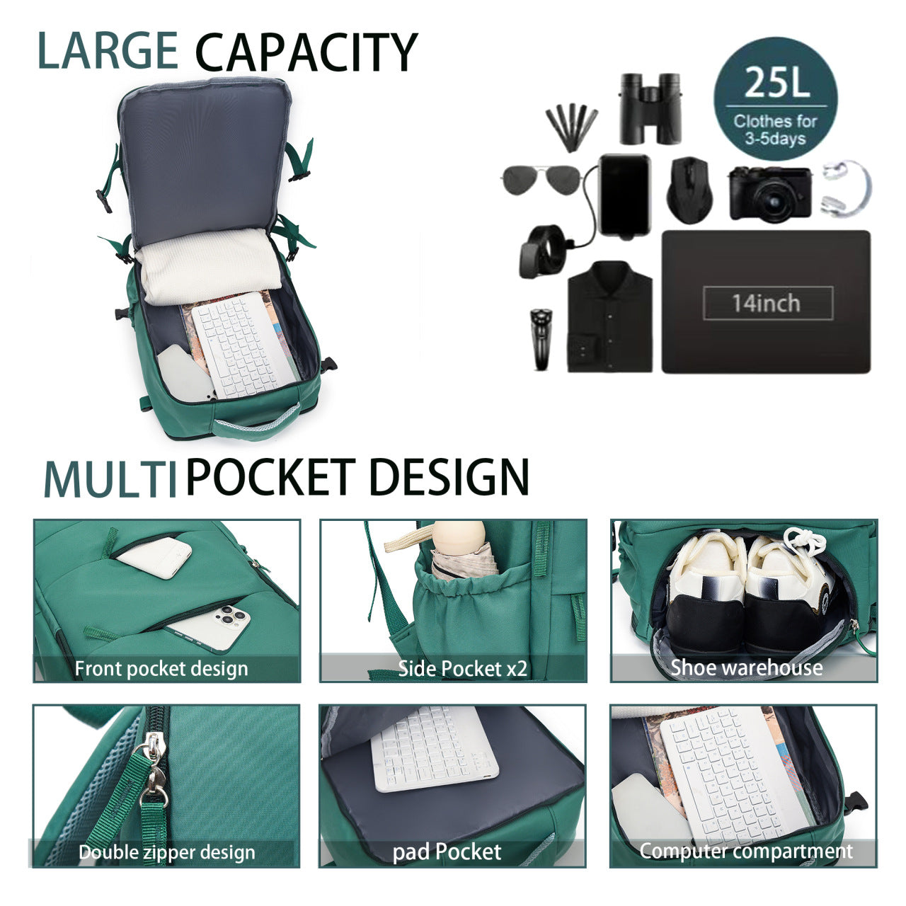 Black 25L Travel Laptop Backpack with Shoe Compartment 180 Degree Opening Carry On Rucksack Fits 14 Inch Laptop Ideal for Business and Weekends 5