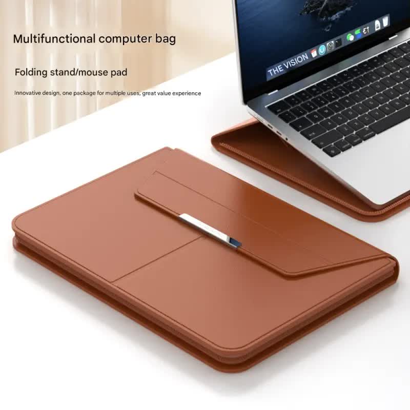 3-in-1 Detachable PU Leather Laptop Sleeve with Ergonomic Stand & Mouse Pad(brown  13/14 inch) 3