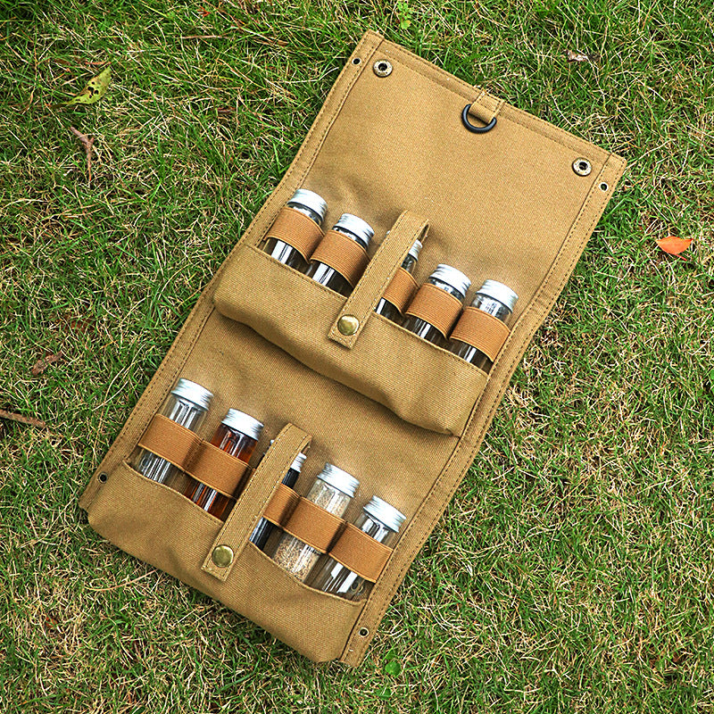Khaki canvas spice storage box (9.1 x 4.7 x 2.8 inches) With 10 bottles