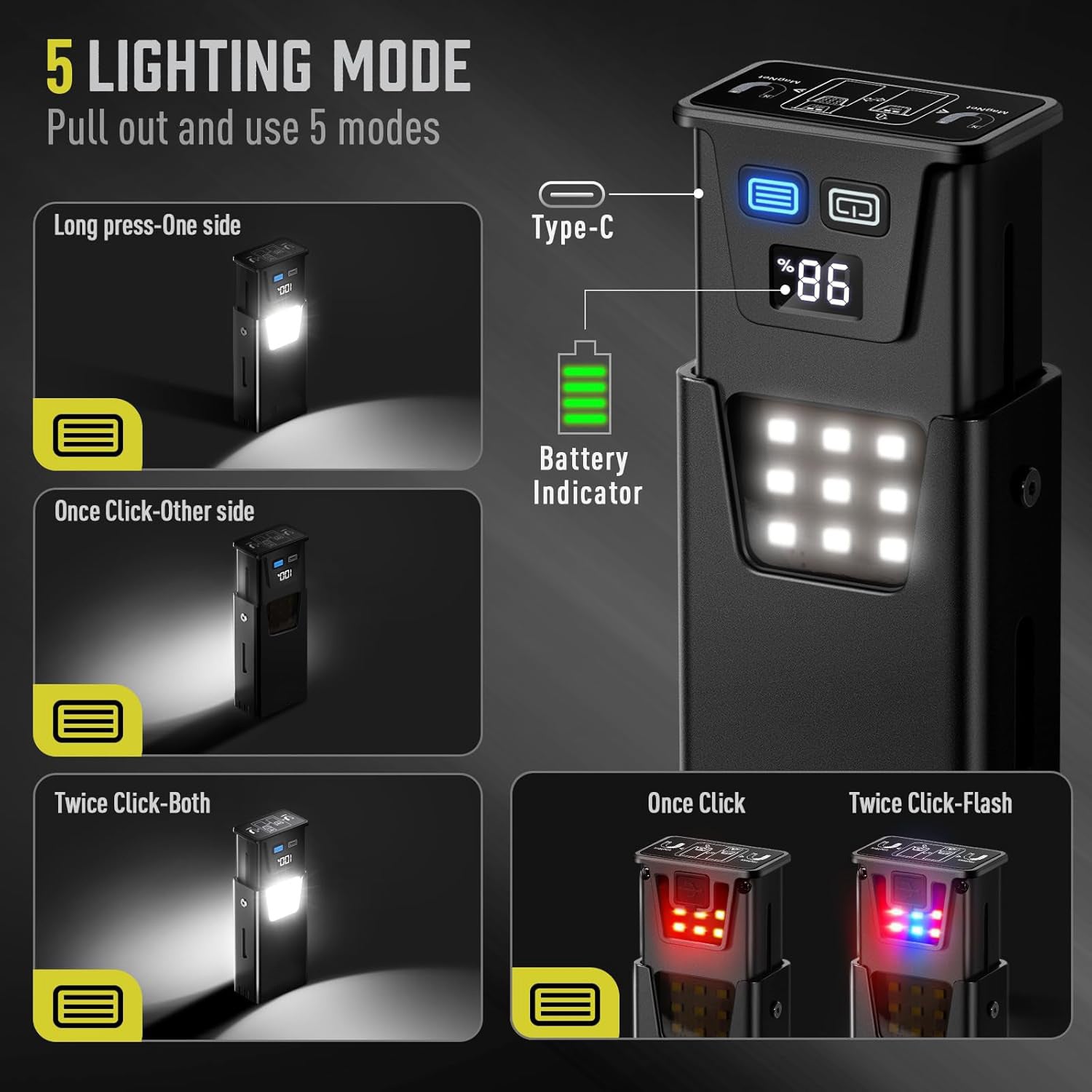 Black Magnetic Flashlight: Spotlight, COB Flood,  Red&Blue Warning 4