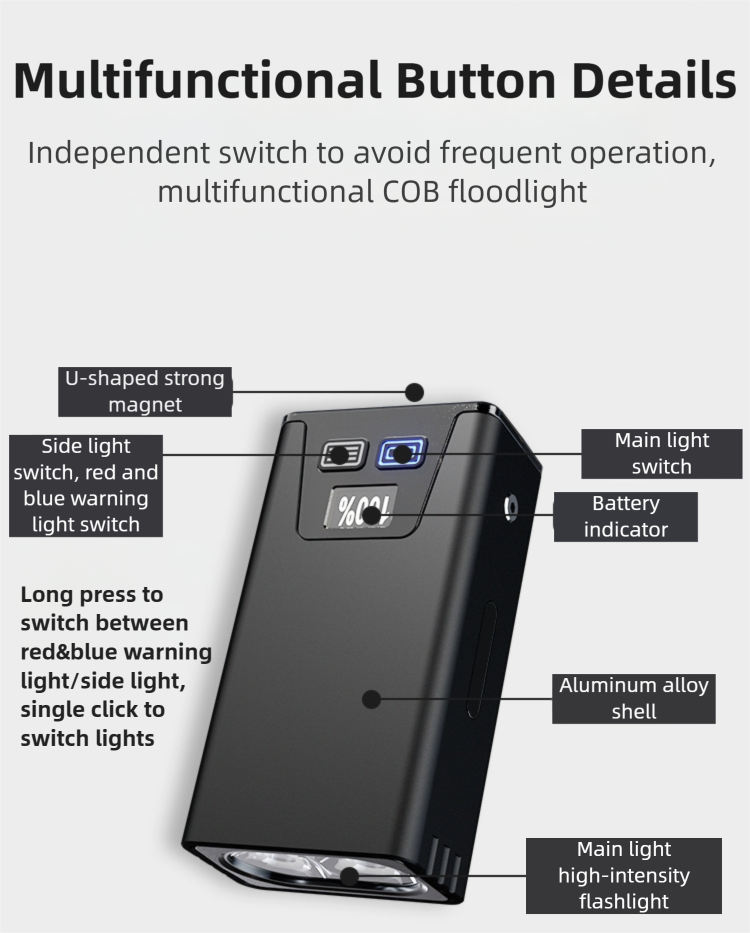 Black Magnetic Flashlight: Spotlight, COB Flood,  Red&Blue Warning 5
